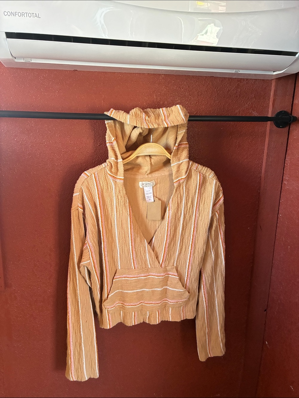 Striped Hooded Pullover Crop Top - Tan & Cream